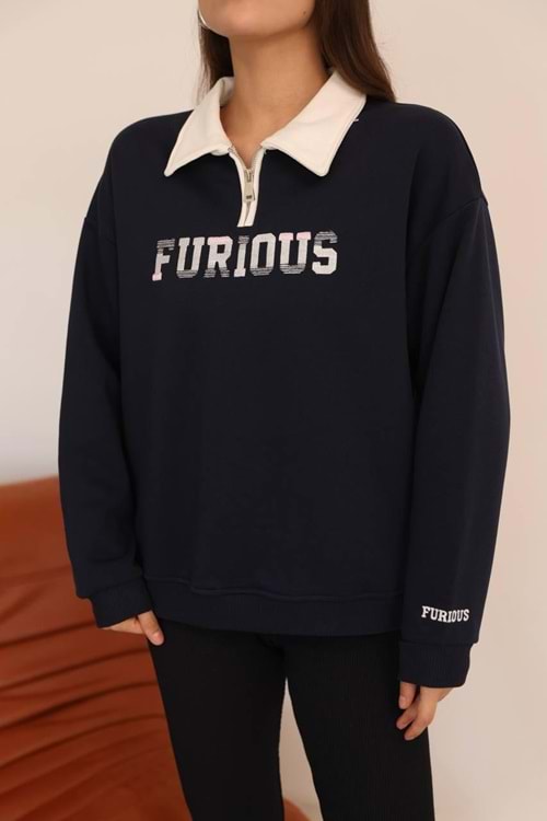 Fermuar Detaylı Önü Nakışlı Sweat 26199 - Siyah - L-XL