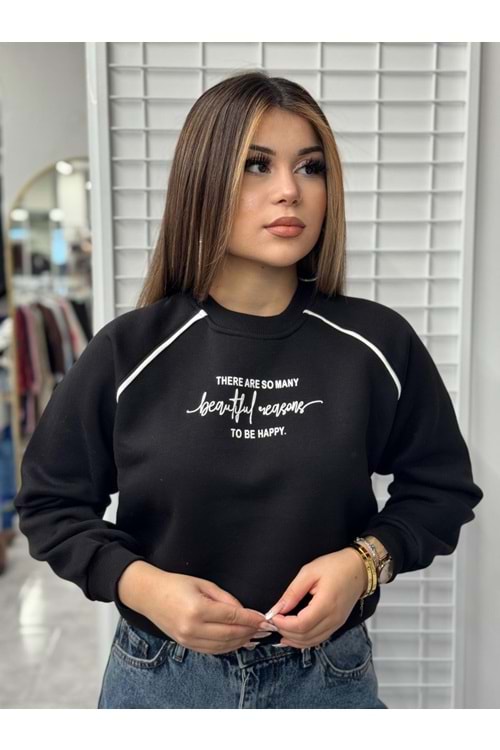 Ön Baskılı Ara Biyeli Sweat - Siyah - S-M