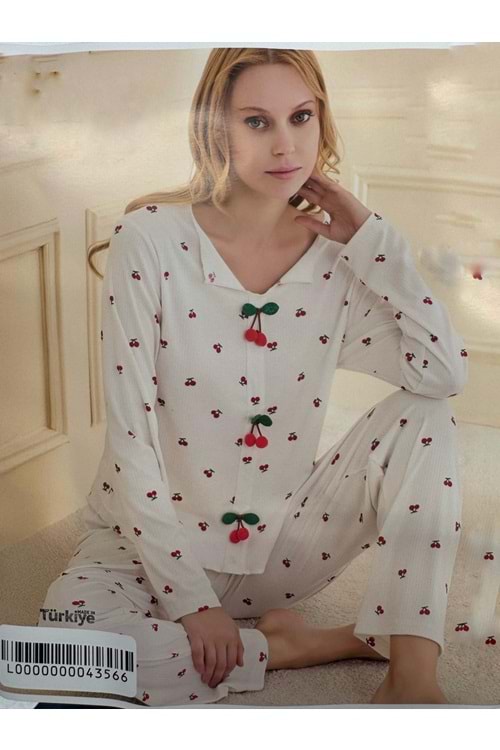 Kirazlı Pijama Takımı 1478 - Ekru - XXL - AZRA06948-55979