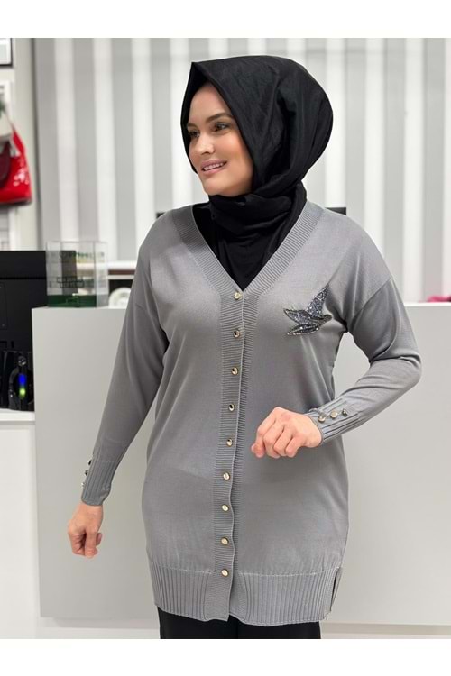 Pullu Taşlı Yanı Kuşlu Merserize Hırka 3207 - Gri - TEK BEDEN - AZRA06966-56090