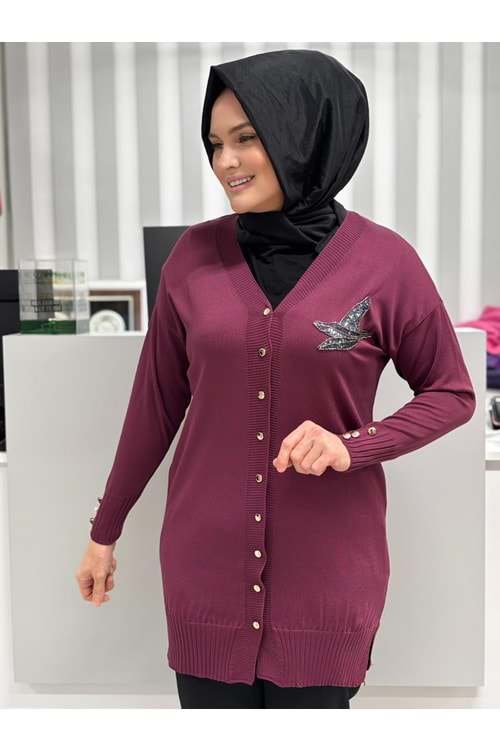 Pullu Taşlı Yanı Kuşlu Merserize Hırka 3207 - Mürdüm - TEK BEDEN - AZRA06966-56092