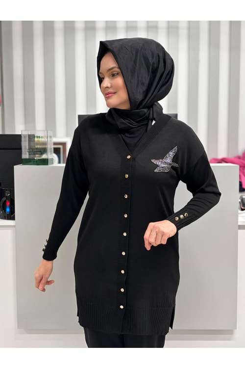 Pullu Taşlı Yanı Kuşlu Merserize Hırka 3207 - Siyah - TEK BEDEN - AZRA06966-56093
