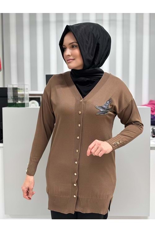 Pullu Taşlı Yanı Kuşlu Merserize Hırka 3207 - Sütlü Kahve - TEK BEDEN - AZRA06966-56094