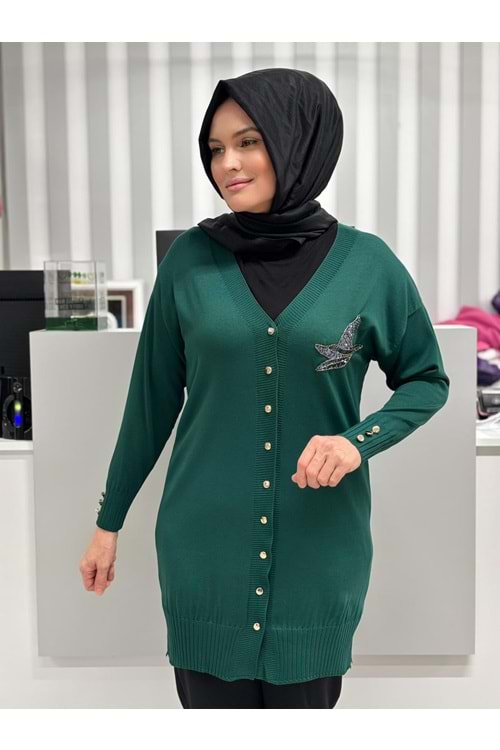 Pullu Taşlı Yanı Kuşlu Merserize Hırka 3207 - Zümrüt Yeşili - TEK BEDEN - AZRA06966-56096