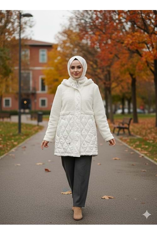 Kapitone Peluş Mont 35642 - Krem - M