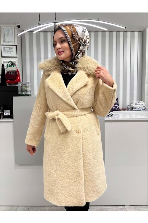 Kürk Yaka Kaban 36122 - Bej - L