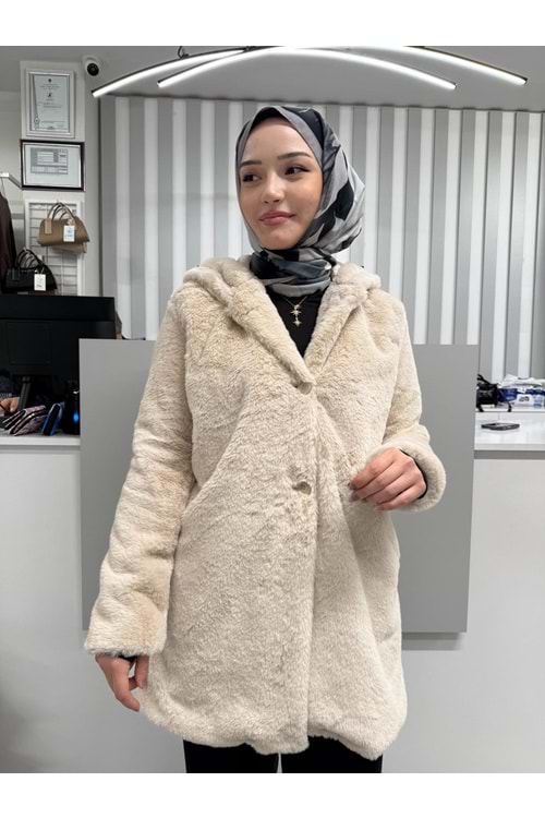 Kapşonlu Uzun Pelüş Kürk 2166 - Bej - 40