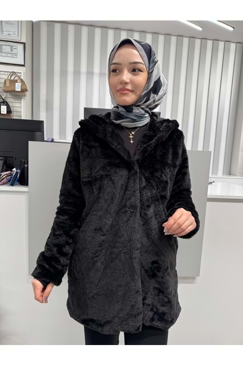 Kapşonlu Uzun Pelüş Kürk 2166 - Siyah - 36