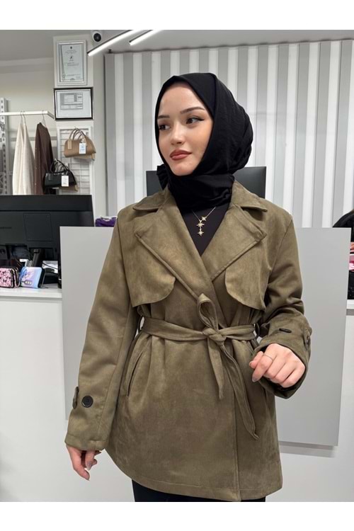 Rüzgarlık Detay Ara Boy Skuba Süet Trenc 2786 - Haki - 40
