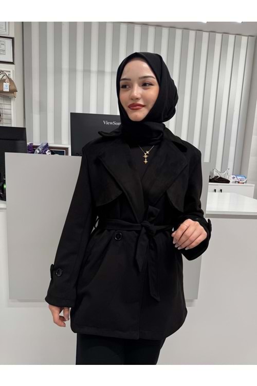 Rüzgarlık Detay Ara Boy Skuba Süet Trenc 2786 - Siyah - 40