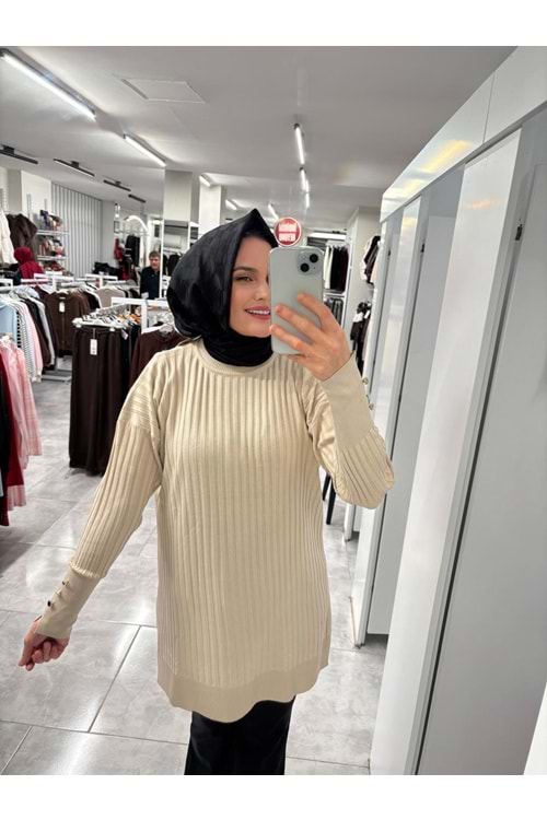 İnce Çizgili Merserize Tunik 3170 - Bej - TEK BEDEN