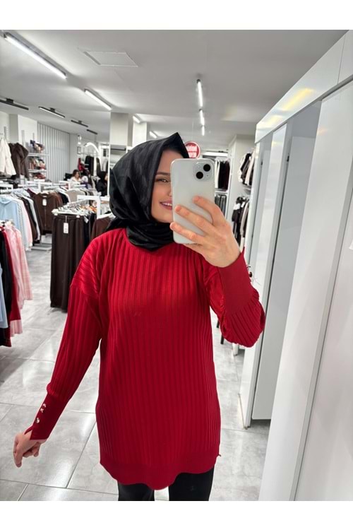 İnce Çizgili Merserize Tunik 3170 - Kırmızı - TEK BEDEN