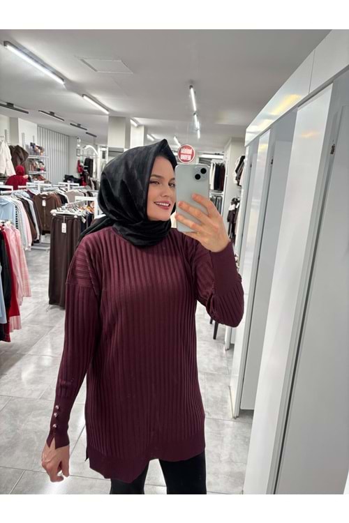 İnce Çizgili Merserize Tunik 3170 - Mürdüm - TEK BEDEN