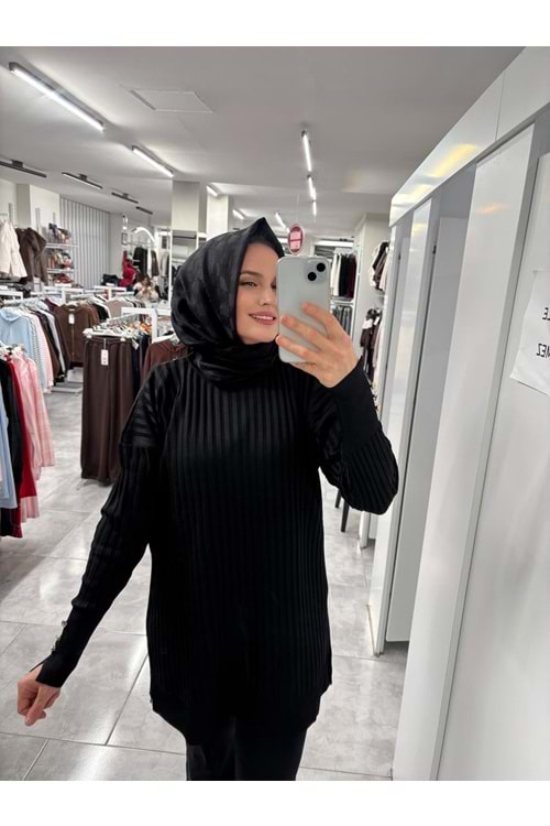 İnce Çizgili Merserize Tunik 3170 - Siyah - TEK BEDEN