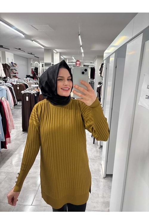 İnce Çizgili Merserize Tunik 3170 - Yağ Yeşili - TEK BEDEN
