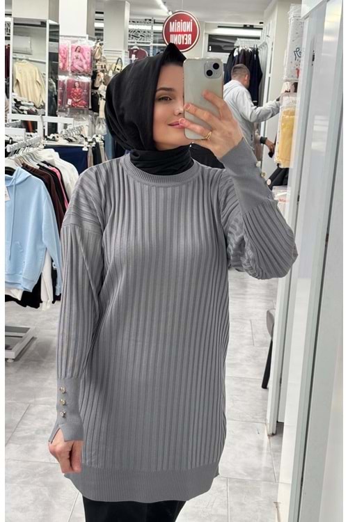 İnce Çizgili Merserize Tunik 3170 - Gri - TEK BEDEN - AZRA07022-56802