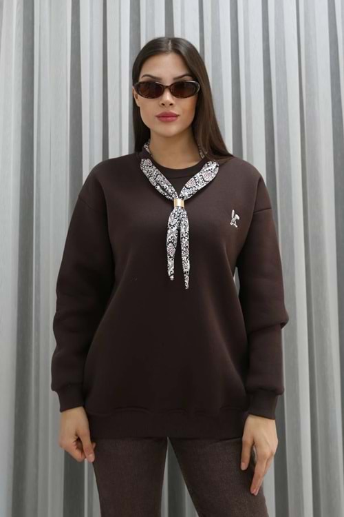 Fermuarlı 3 İplik Sweat shırt 26216 - Kahve Rengi - M