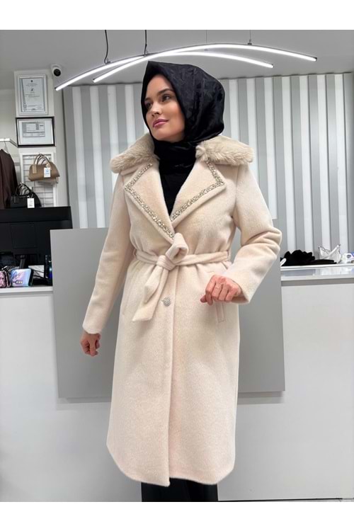 Yakası Taşlı Kaban 9016 - Krem - 46