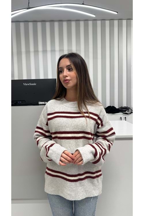 Renkli Çizgili Triko 2516 - Gri - TEK BEDEN - AZRA07054-56648