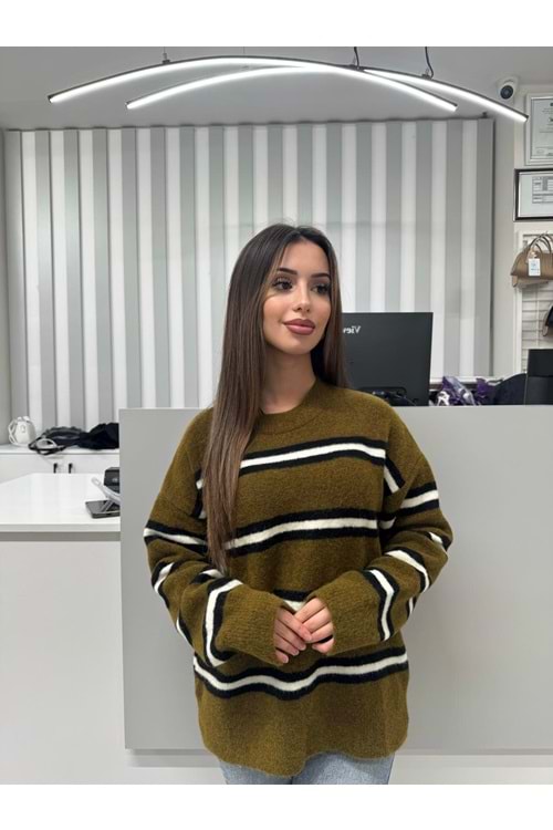 Renkli Çizgili Triko 2516 - Yağ Yeşili - TEK BEDEN - AZRA07054-56649