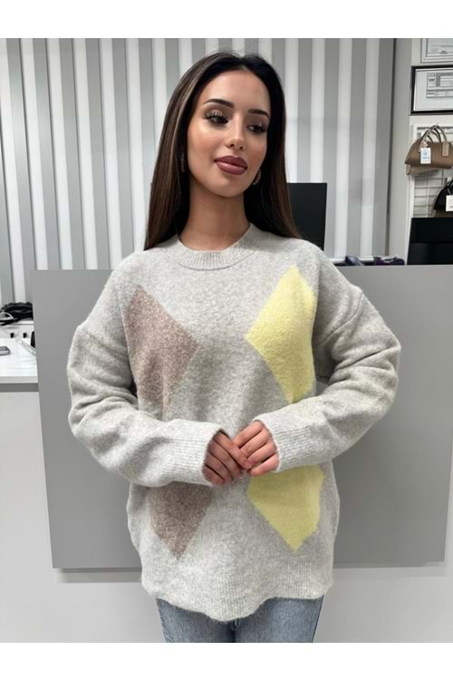 Baklava Desenli Luciana Triko 2468 - Gri - TEK BEDEN - AZRA07058-56658