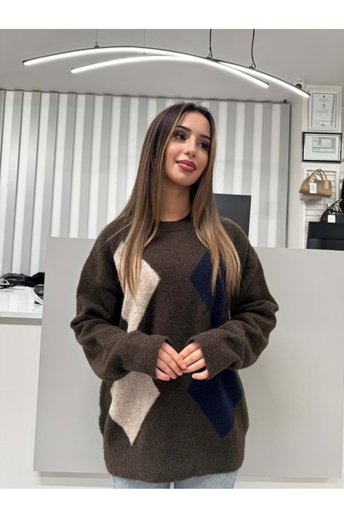 Baklava Desenli Luciana Triko 2468 - Kahve Rengi - TEK BEDEN - AZRA07058-56659