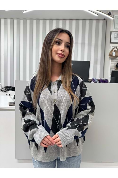 Baklava Desen Çizgili Kazak 1418 - Gri - TEK BEDEN - AZRA07063-56678