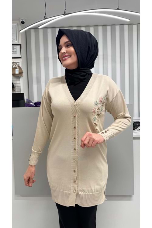 Taşlı Çiçek Desenli Merserize Hırka 3280 - Bej - TEK BEDEN - AZRA07082-56785