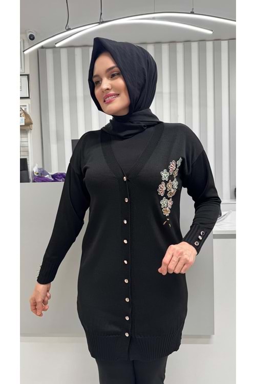 Taşlı Çiçek Desenli Merserize Hırka 3280 - Siyah - TEK BEDEN - AZRA07082-56790