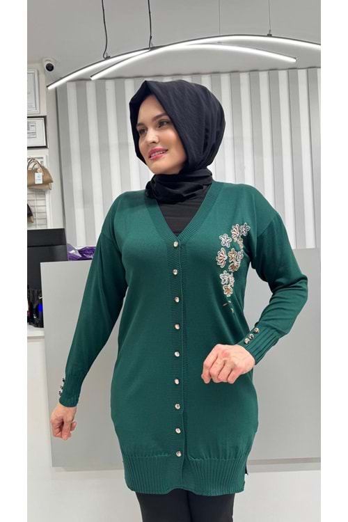 Taşlı Çiçek Desenli Merserize Hırka 3280 - Zümrüt Yeşili - TEK BEDEN - AZRA07082-56792