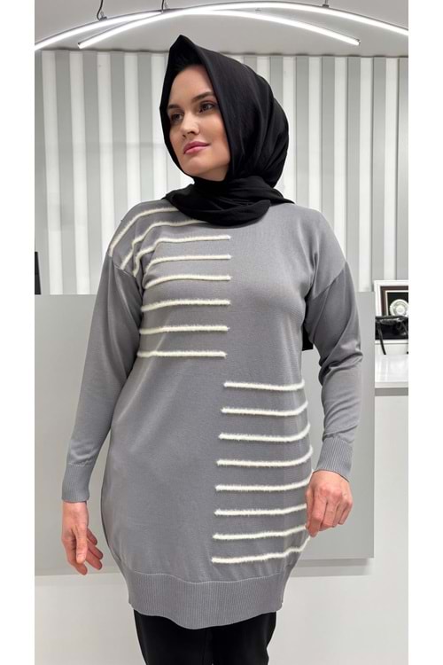 Şerit Tüylü Merserize Tunik 3281 - Gri - TEK BEDEN - AZRA07083-56796