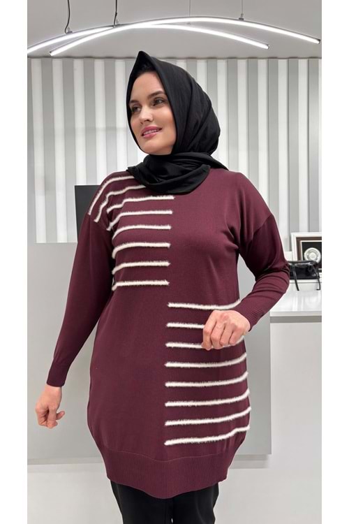 Şerit Tüylü Merserize Tunik 3281 - Mürdüm - TEK BEDEN - AZRA07083-56799