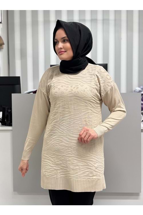 Leopar Desen Merserize Tunik 3274 - Bej - TEK BEDEN - AZRA07114-56980