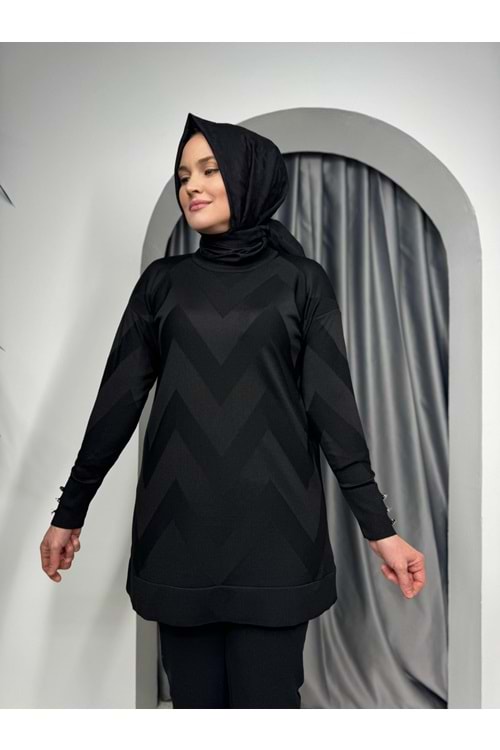 Zikzak Desen Merserize Tunik 1421 - Siyah - TEK BEDEN - AZRA07121-57033