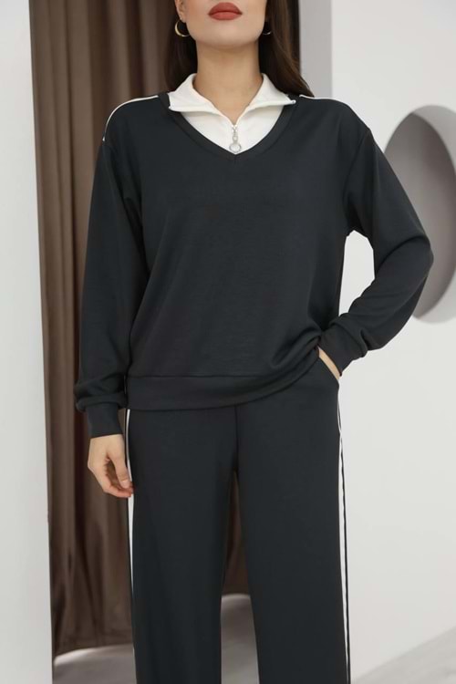 Yaka Fermuar Detaylı Garnili Takım 26227 - Füme - L - AZRA07146-57439