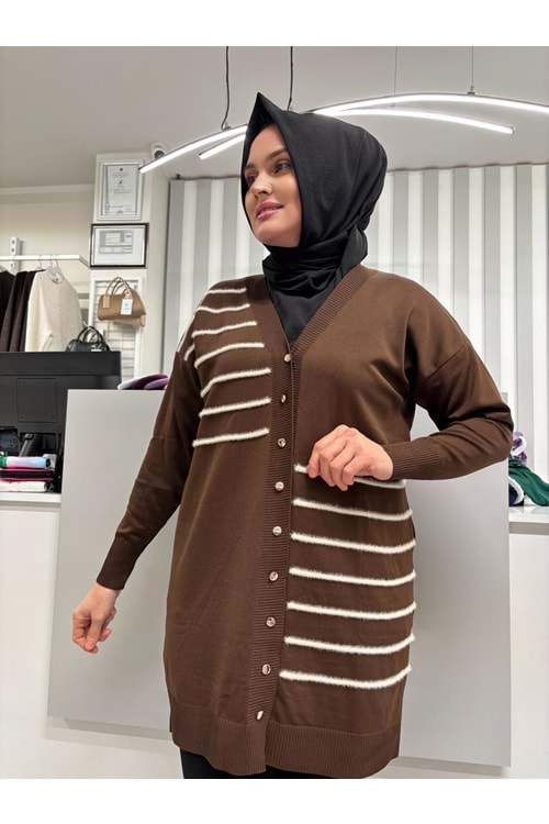 Şerit Tüylü Merserize Hırka 3282 - Acı Kahve - TEK BEDEN - AZRA07178-57315