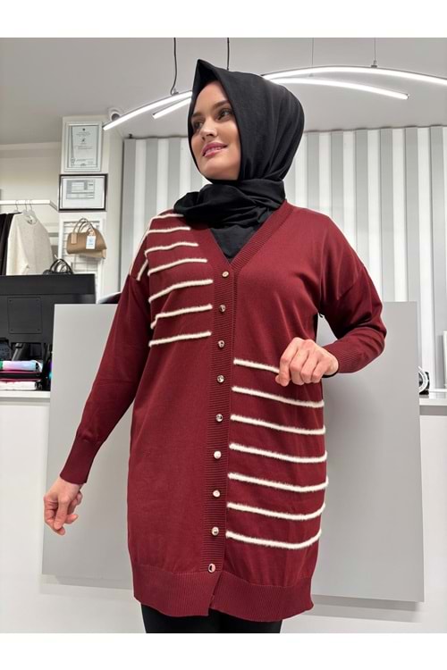 Şerit Tüylü Merserize Hırka 3282 - Bordo - TEK BEDEN - AZRA07178-57317