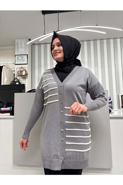 Şerit Tüylü Merserize Hırka 3282 - Gri - TEK BEDEN - AZRA07178-57318