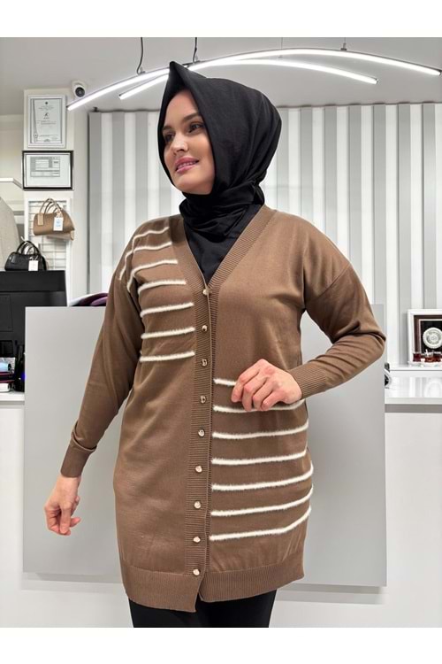 Şerit Tüylü Merserize Hırka 3282 - Kahve Rengi - TEK BEDEN - AZRA07178-57319
