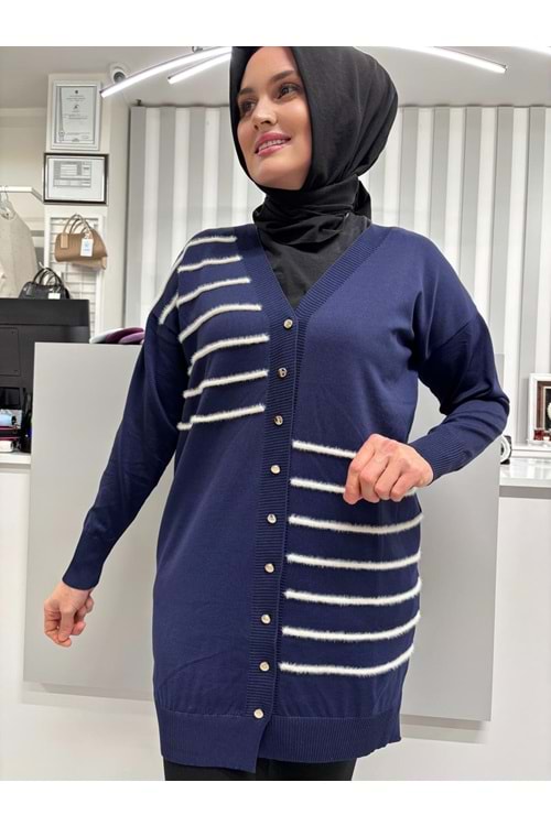 Şerit Tüylü Merserize Hırka 3282 - Lacivert - TEK BEDEN - AZRA07178-57320