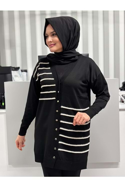 Şerit Tüylü Merserize Hırka 3282 - Siyah - TEK BEDEN - AZRA07178-57321