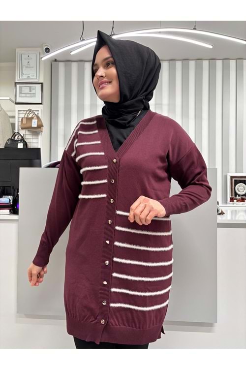 Şerit Tüylü Merserize Hırka 3282 - Mürdüm - TEK BEDEN - AZRA07178-57383