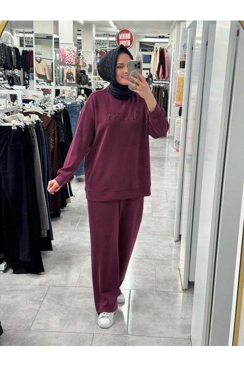 Karışık Taş Yazılı Takım 35975 - Bordo - L - AZRA07234-Bordo-L