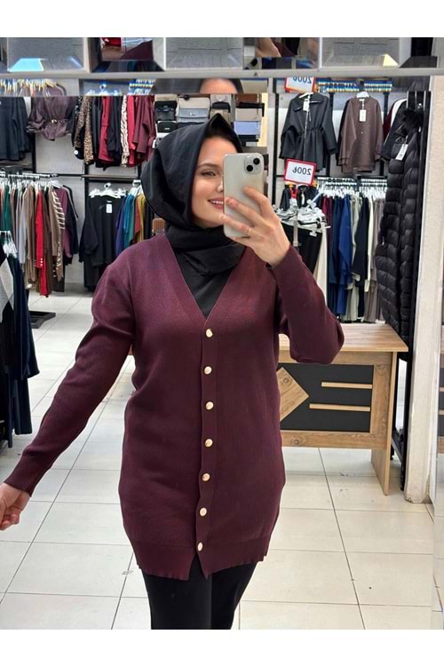 Gold Düğmeli hırka 3285 - Mürdüm - TEK BEDEN