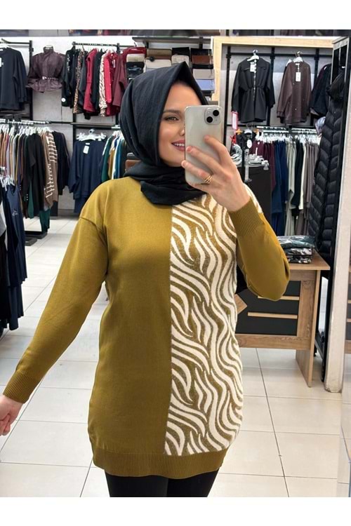 Zebra Tüylü Merserize Tunik 3284 - Yağ Yeşili - TEK BEDEN