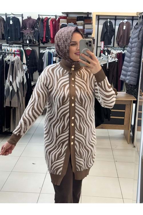 Zebra Desen Angora Hırka 3286 - Sütlü Kahve - TEK BEDEN - AZRA07325-58229