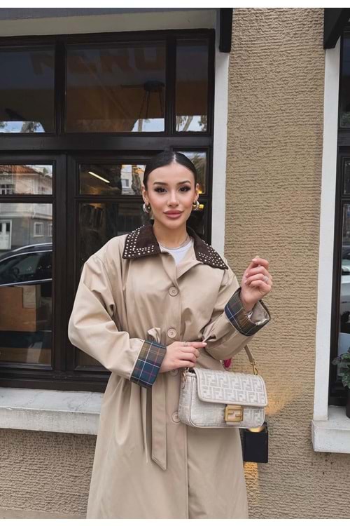 Yakası Taşlı Kap 140212 - Bej - TEK BEDEN - AZRA07334-Bej-TEK BEDEN