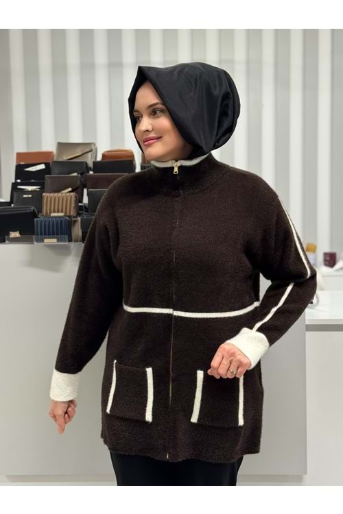 Fermuarlı Angora Hırka 25027 - Acı Kahve - TEK BEDEN - AZRA07372-Acı Kahve-TEK BEDEN
