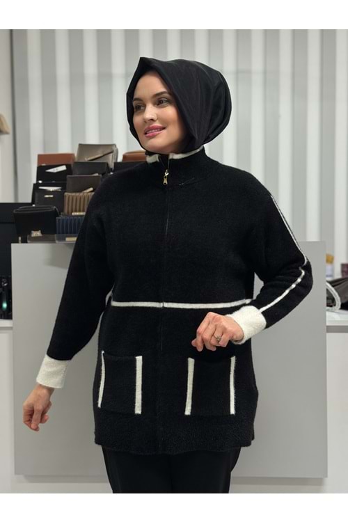 Fermuarlı Angora Hırka 25027 - Siyah - TEK BEDEN - AZRA07372-Siyah-TEK BEDEN
