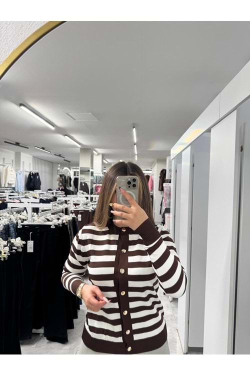 Çizgili Kısa Merserize Hırka 4263 - Acı Kahve - TEK BEDEN - AZRA07404-58675